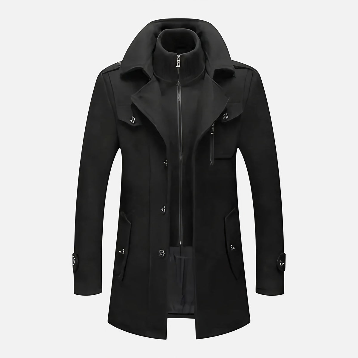 Veste homme à double col, zip et boutons, coupe ajustée, noir
