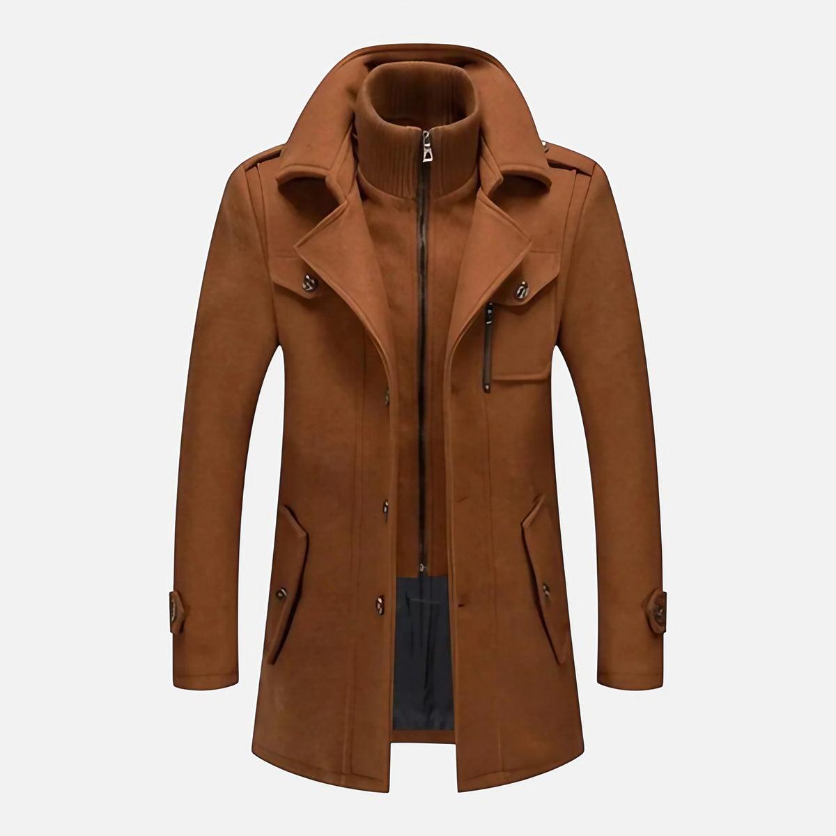 Veste homme à double col, zip et boutons, coupe ajustée, marron