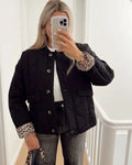 Veste femme ajustée à doublure léopard, noir, beige ou vert, noir