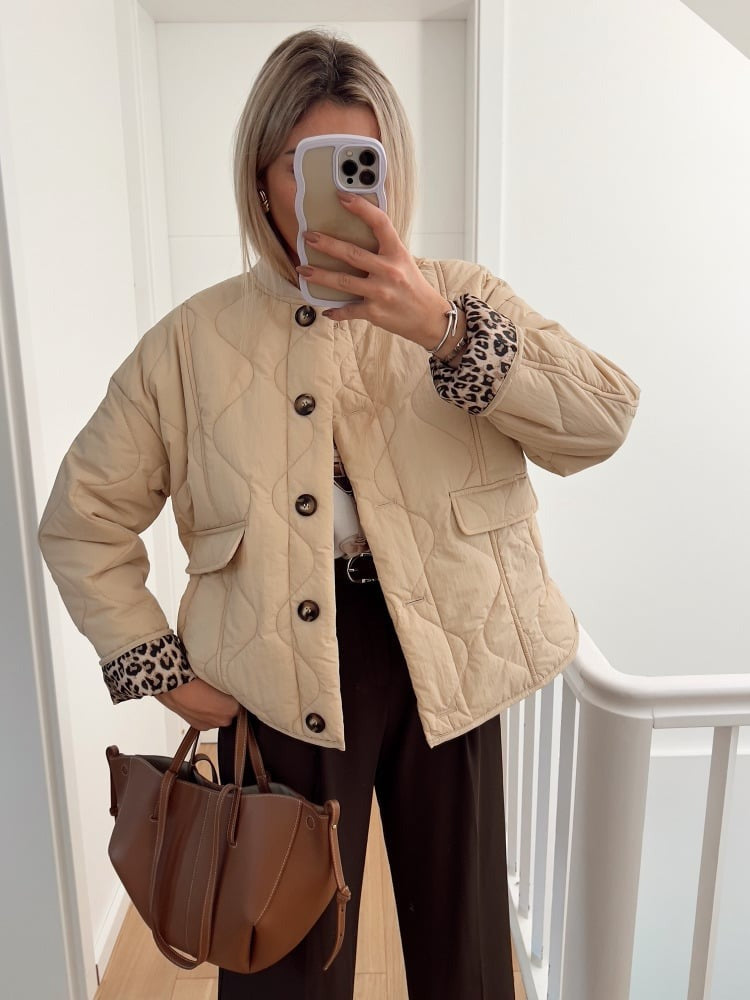 Veste femme ajustée à doublure léopard, noir, beige ou vert, beige