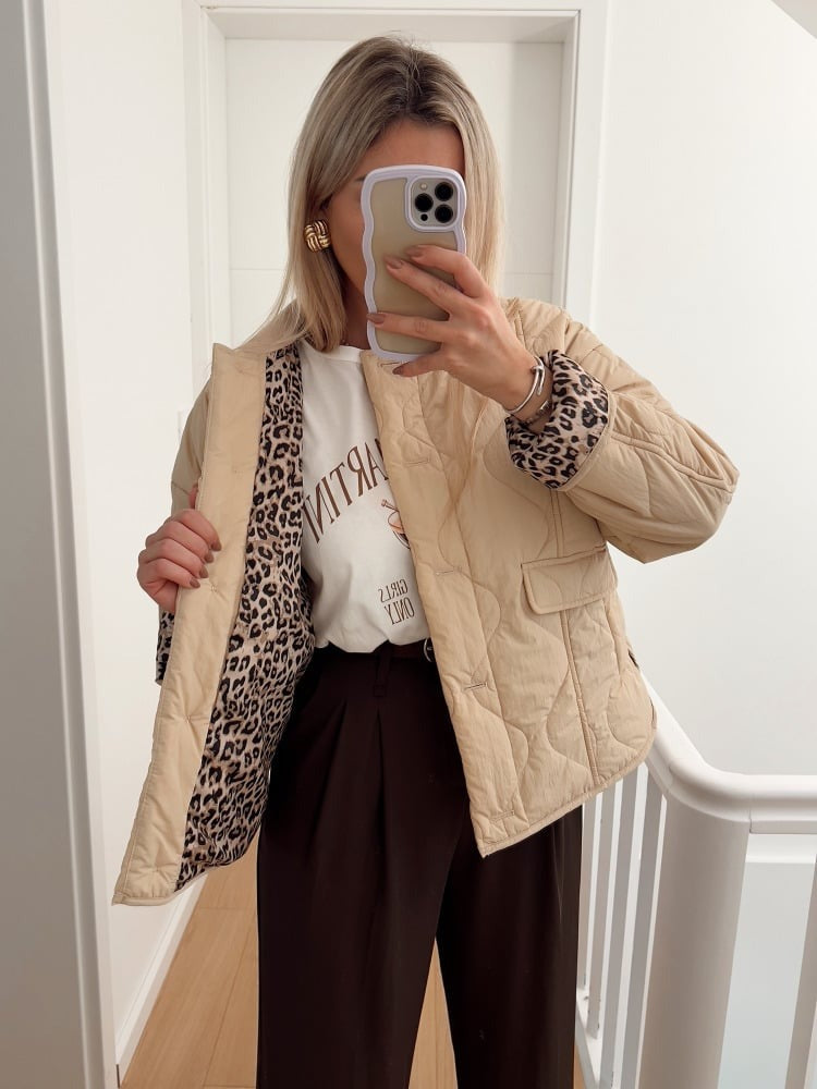 Veste femme ajustée à doublure léopard, noir, beige ou vert
