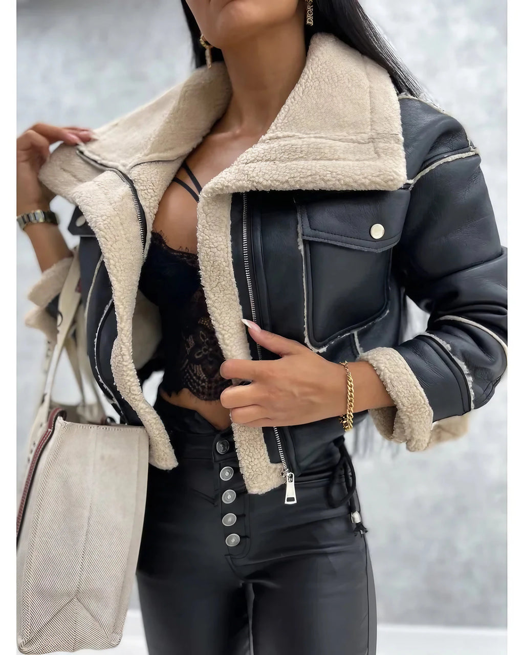Veste courte femme ajustée, beige, noir ou kaki, noir