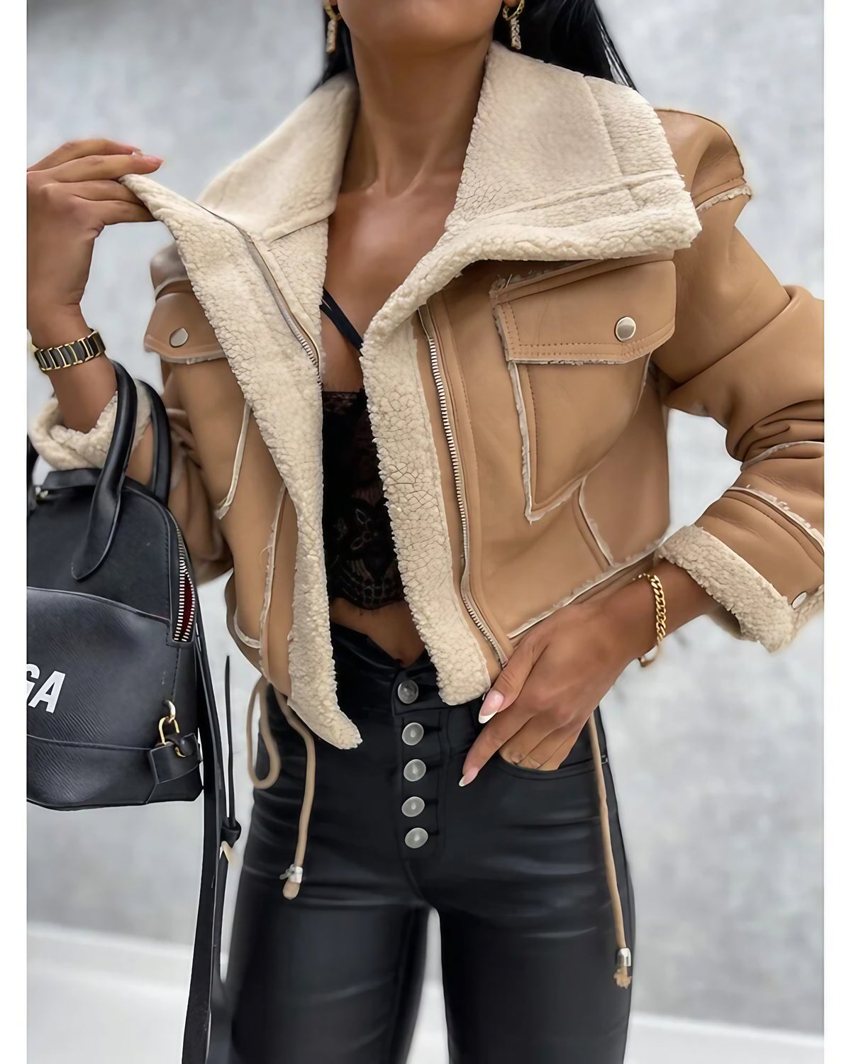 Veste courte femme ajustée, beige, noir ou kaki, kaki