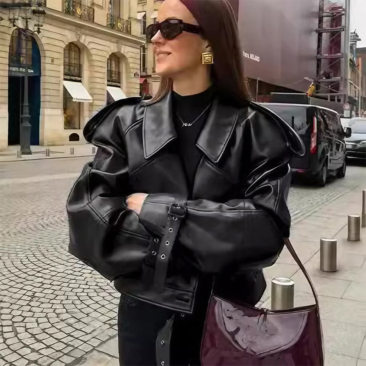 Veste courte femme ajustée à larges revers, du S au L, noir