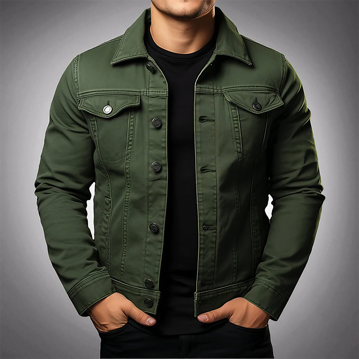 Veste en denim homme à col polo, boutonnée, quatre coloris, vert