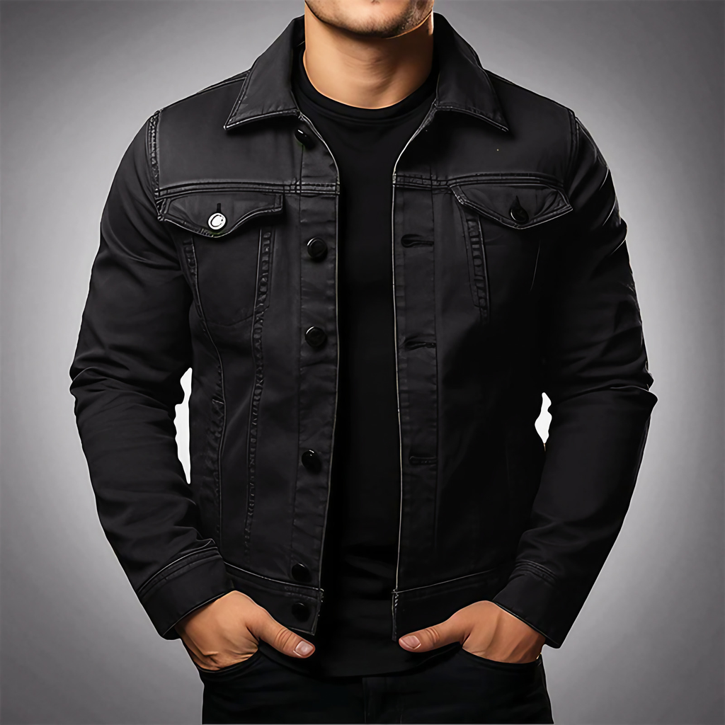 Veste en denim homme à col polo, boutonnée, quatre coloris, noir