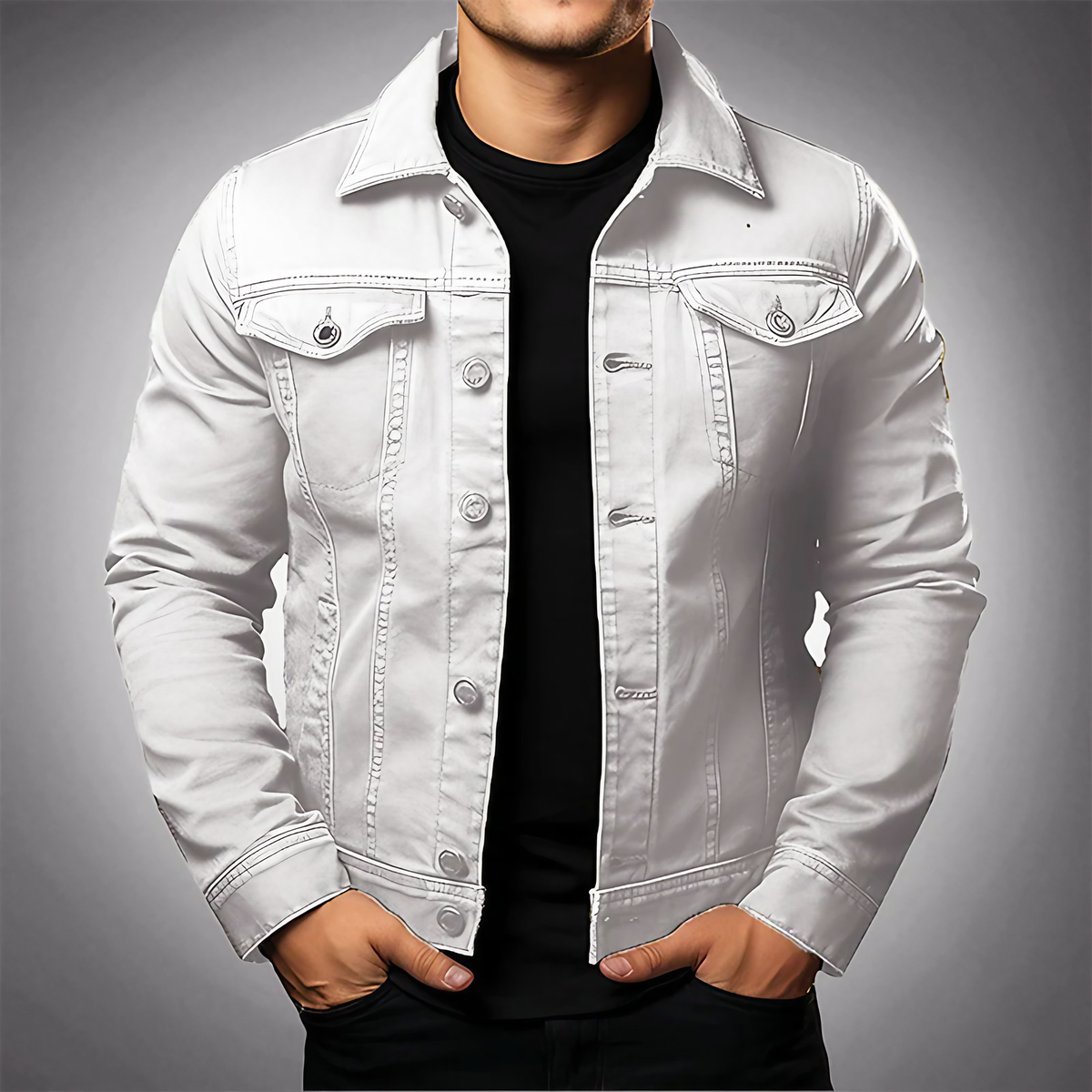 Veste en denim homme à col polo, boutonnée, quatre coloris, blanc