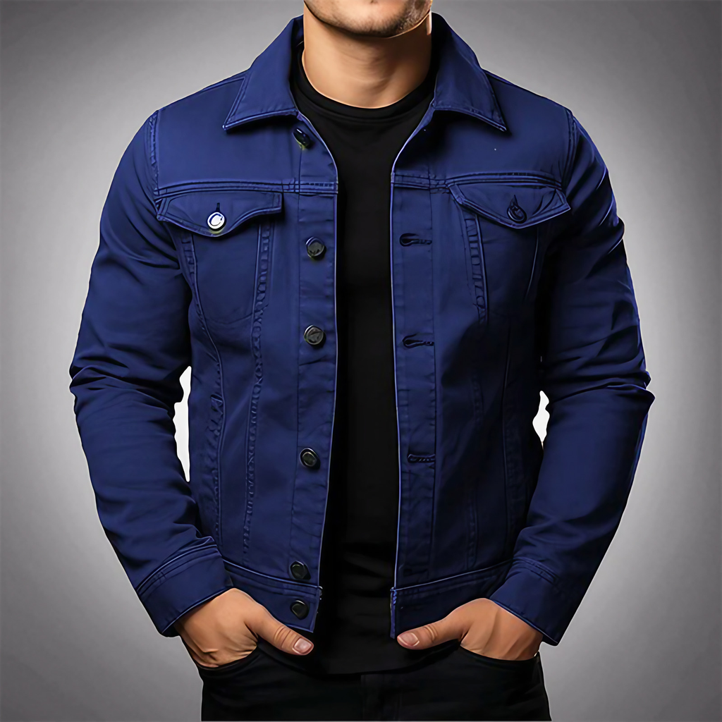 Veste en denim homme à col polo, boutonnée, quatre coloris, bleu