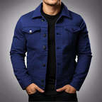 Veste en denim homme à col polo, boutonnée, quatre coloris, bleu