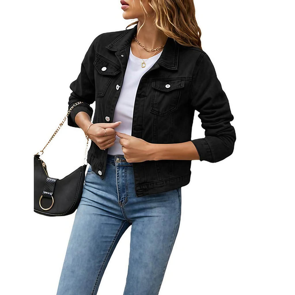 Veste en jean courte femme, légèrement cintrée, sept coloris, noir