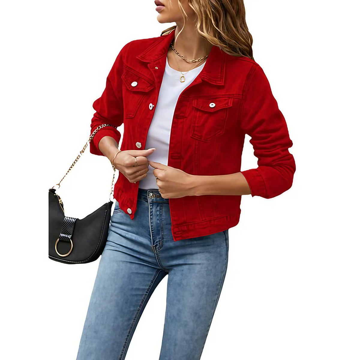 Veste en jean courte femme, légèrement cintrée, sept coloris, rouge
