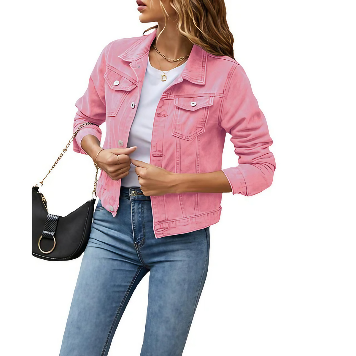 Veste en jean courte femme, légèrement cintrée, sept coloris, rose