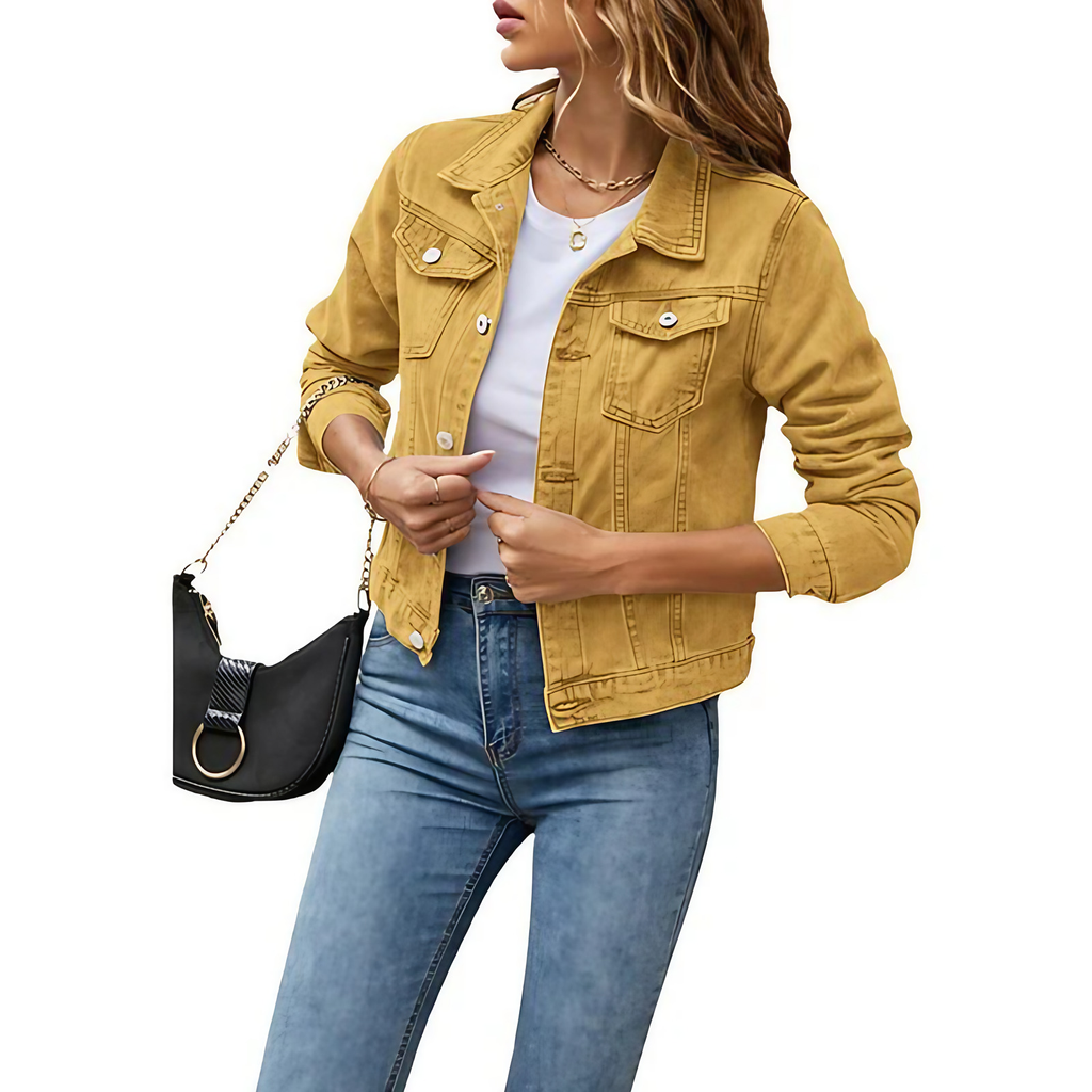 Veste en jean courte femme, légèrement cintrée, sept coloris, jaune