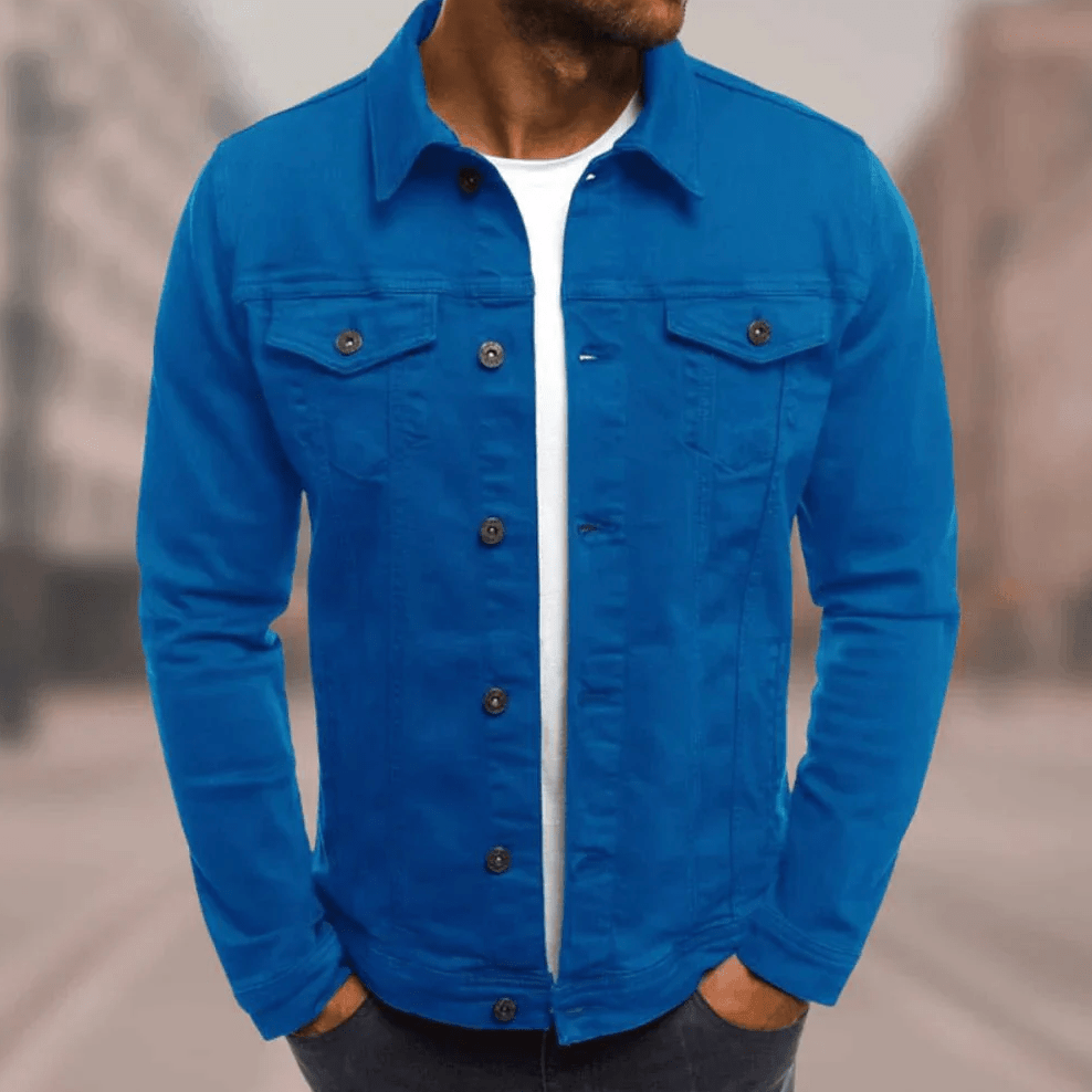 Veste en jean homme coupe slim, coutures contrastées, cinq coloris, bleu