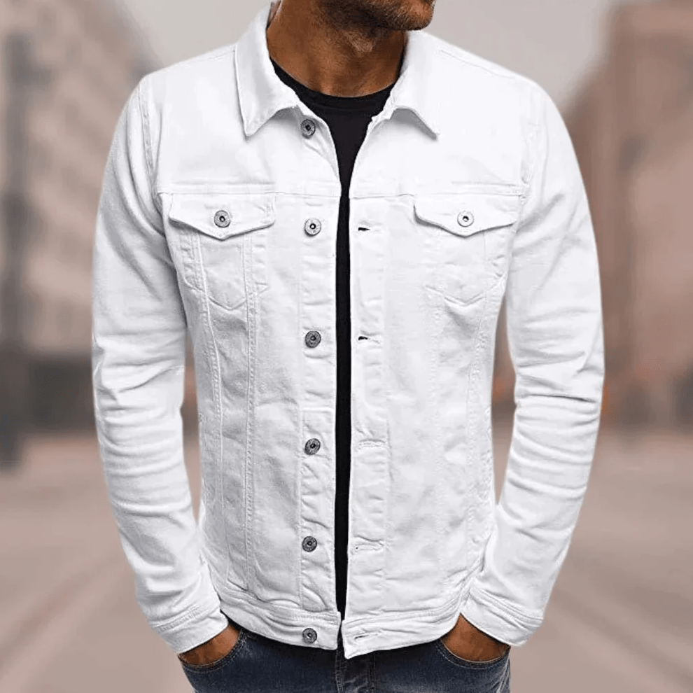 Veste en jean homme coupe slim, coutures contrastées, cinq coloris, blanc