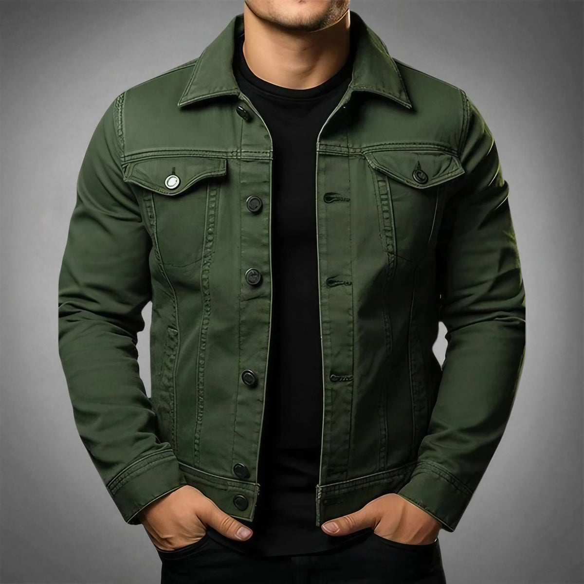 Veste en jean homme coupe ajustée, quatre coloris, vert armée
