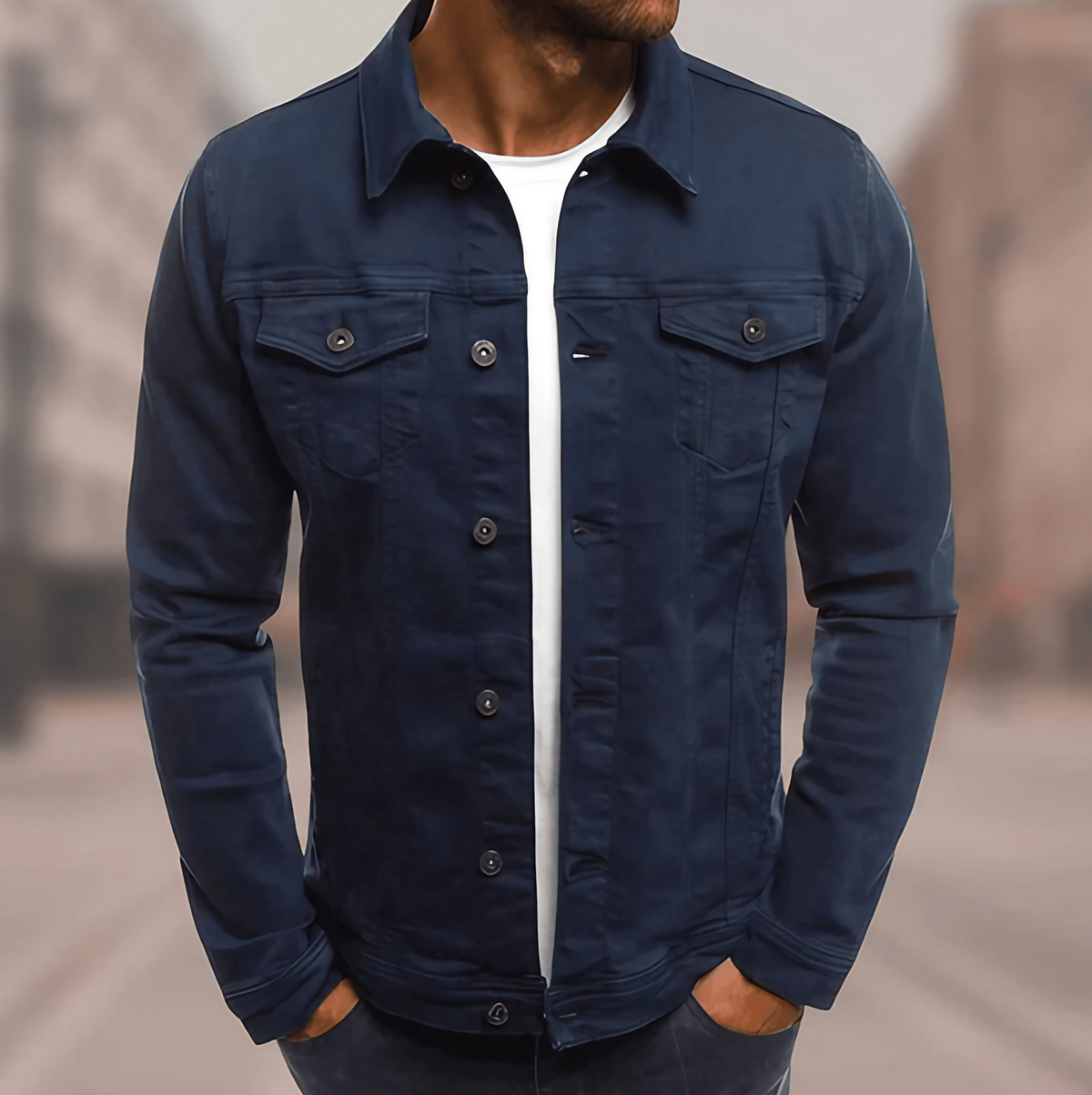Veste en jean homme coupe ajustée, coutures contrastées, bleu foncé