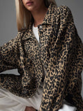 Veste en jean femme imprimé léopard, épaules tombantes, léopard marron