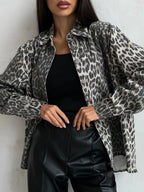 Veste en jean femme imprimé léopard, épaules tombantes, léopard gris