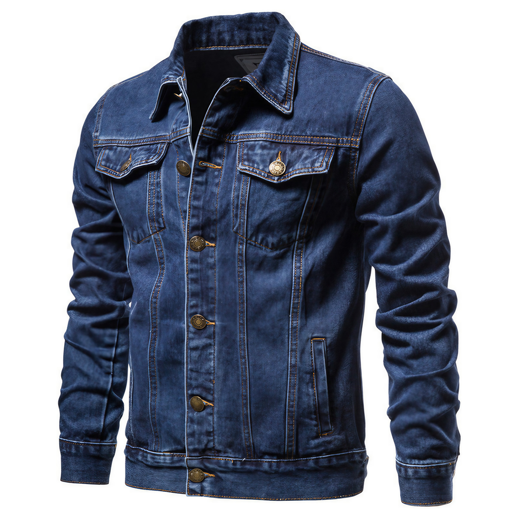 Veste en jean homme, col rabattu et poches poitrine, bleu foncé