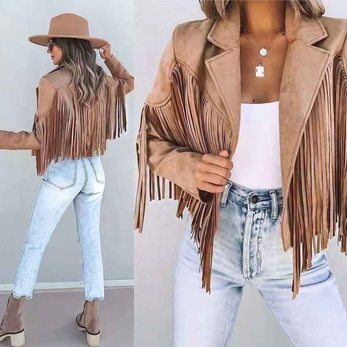 Veste courte femme à franges, style bohème, cinq coloris, marron