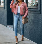 Veste courte femme à franges, style bohème, cinq coloris, rose