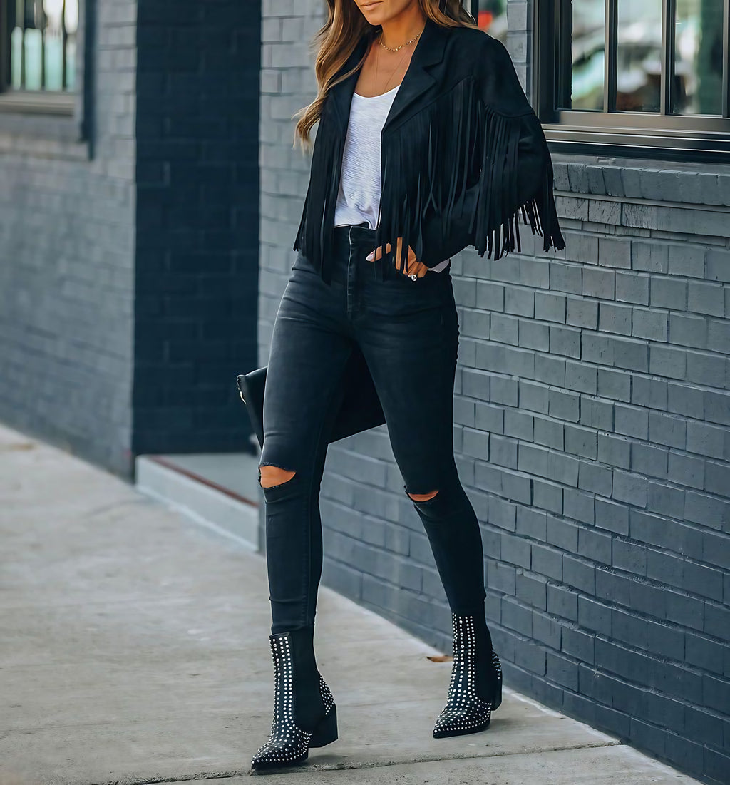 Veste courte femme à franges, style bohème, cinq coloris, noir