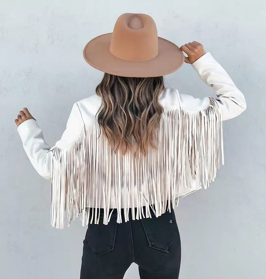 Veste courte femme à franges, style bohème, cinq coloris, blanc