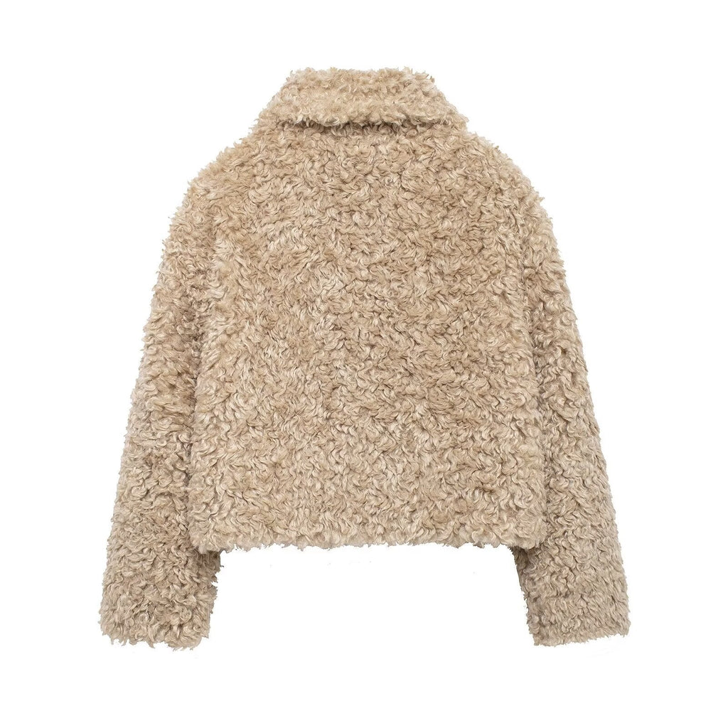Veste chaude femme à boucles et col large, beige