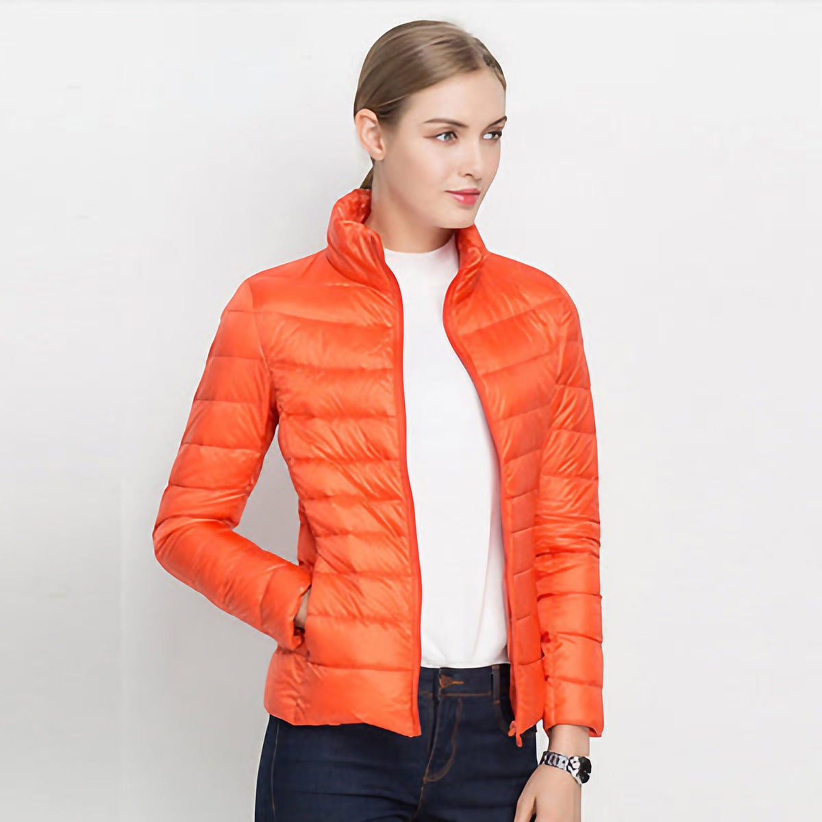 Veste légère imperméable femme à col montant, huit coloris, orange