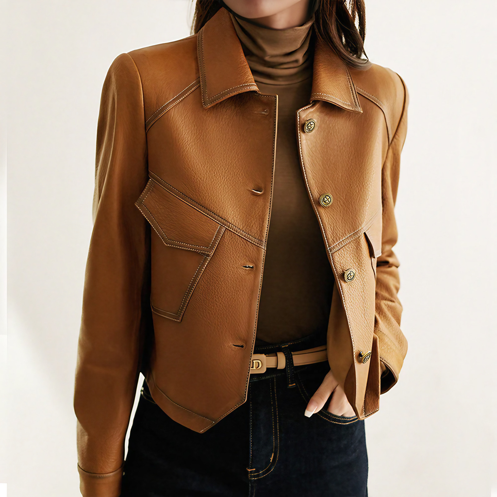 Veste femme marron boutonnée à col marqué et poches, marron