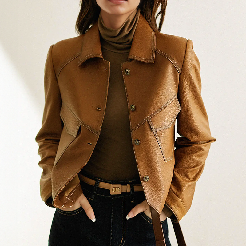 Veste femme marron boutonnée à col marqué et poches