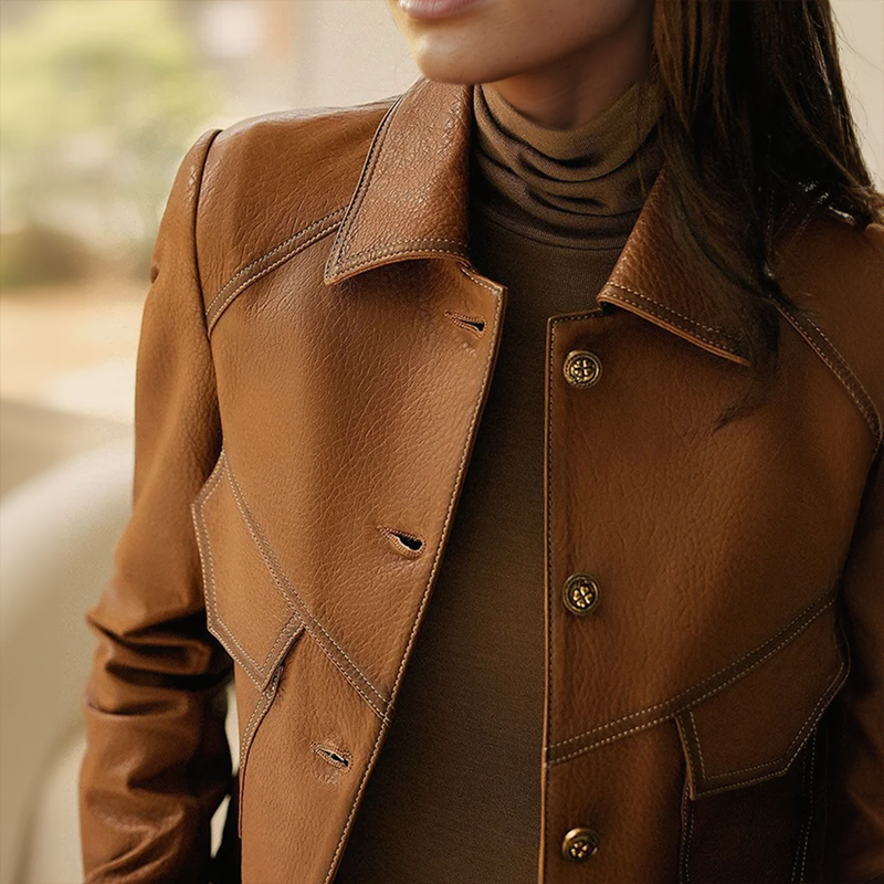 Veste femme marron boutonnée à col marqué et poches