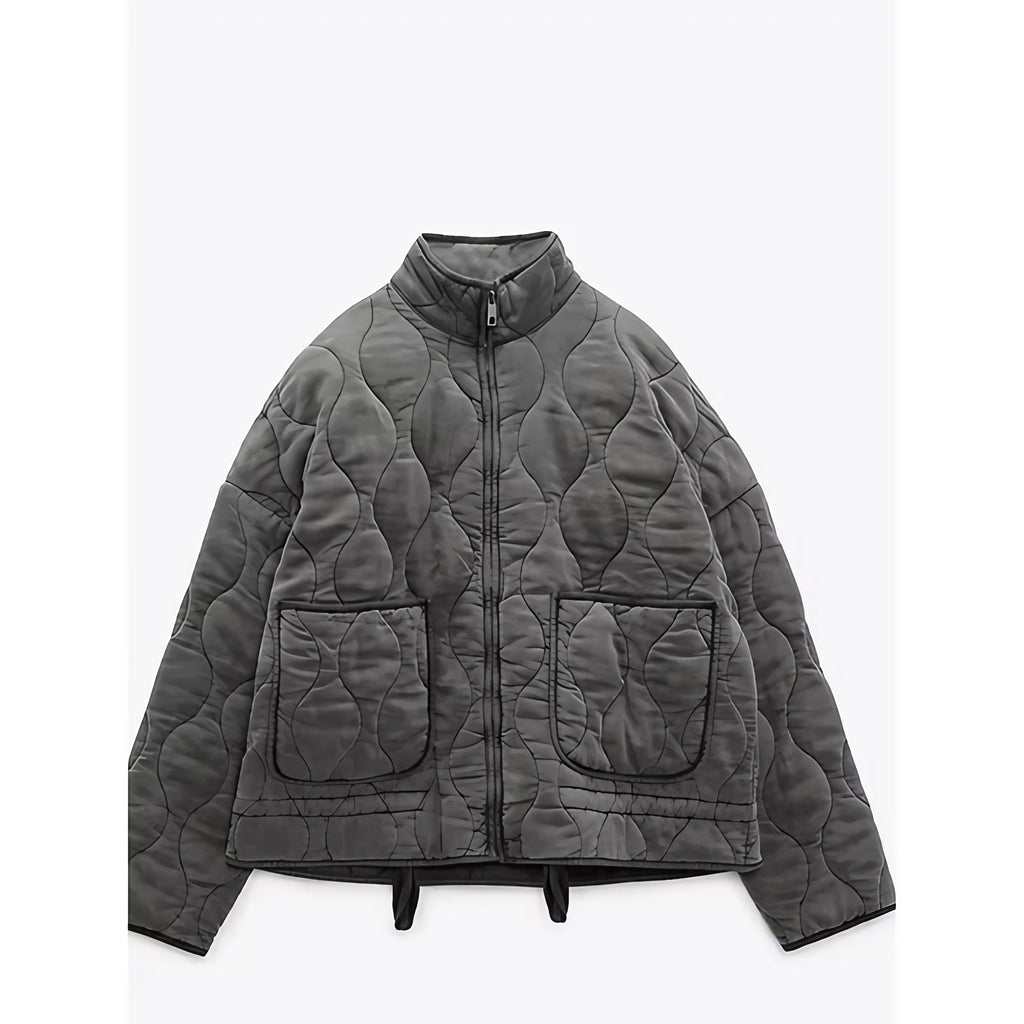 Veste matelassée femme zippée à poches, piqûres arrondies, gris