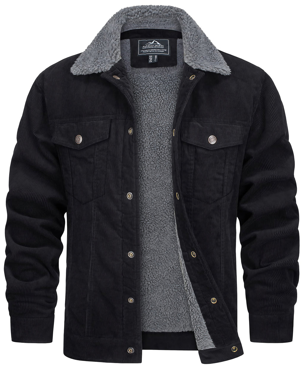 Veste d'hiver homme coupe droite, boutons-pression, quatre poches, noir