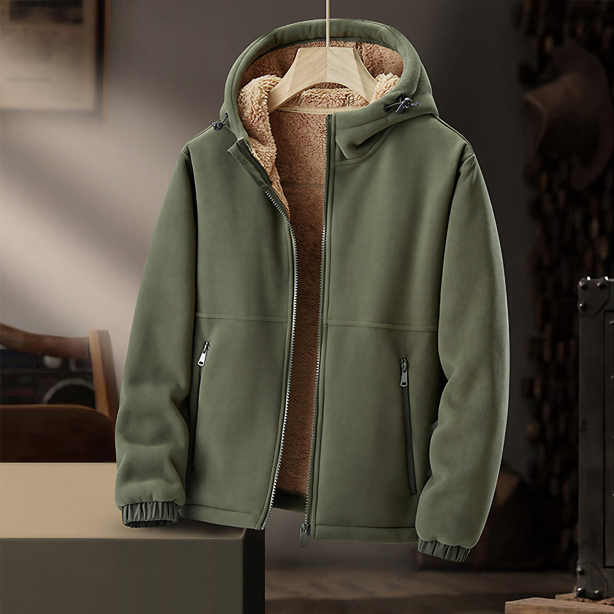 Veste d'hiver homme à capuche, poches zippées, du M au 4XL, vert armée