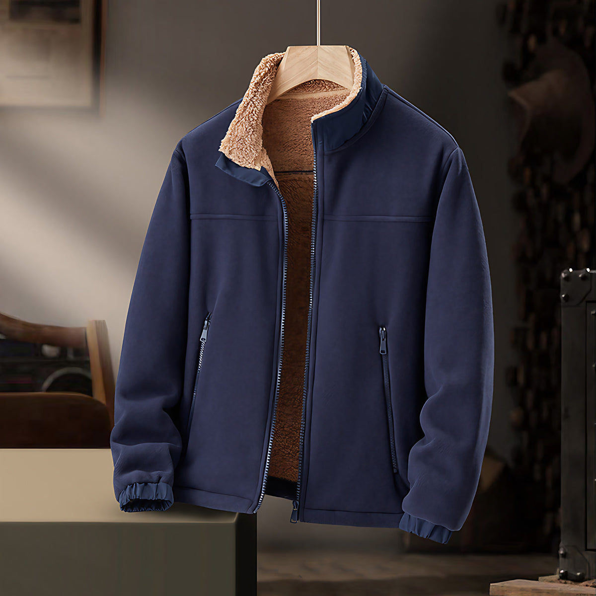 Veste chaude homme col montant zippée, du M au 5XL, bleu foncé