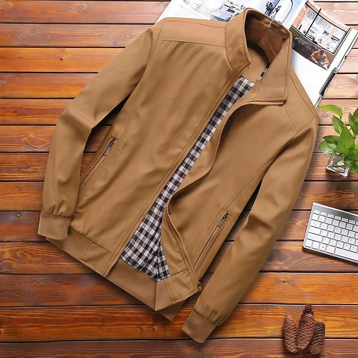 Veste coupe-vent homme à col montant, zippée, du M au 4XL, marron