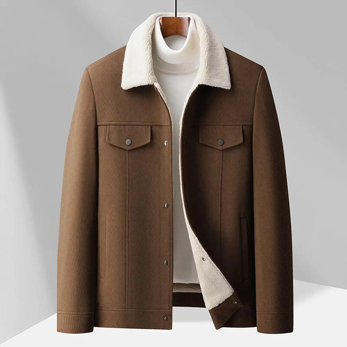 Veste homme à col relevé, boutonnée, deux poches à rabat, marron