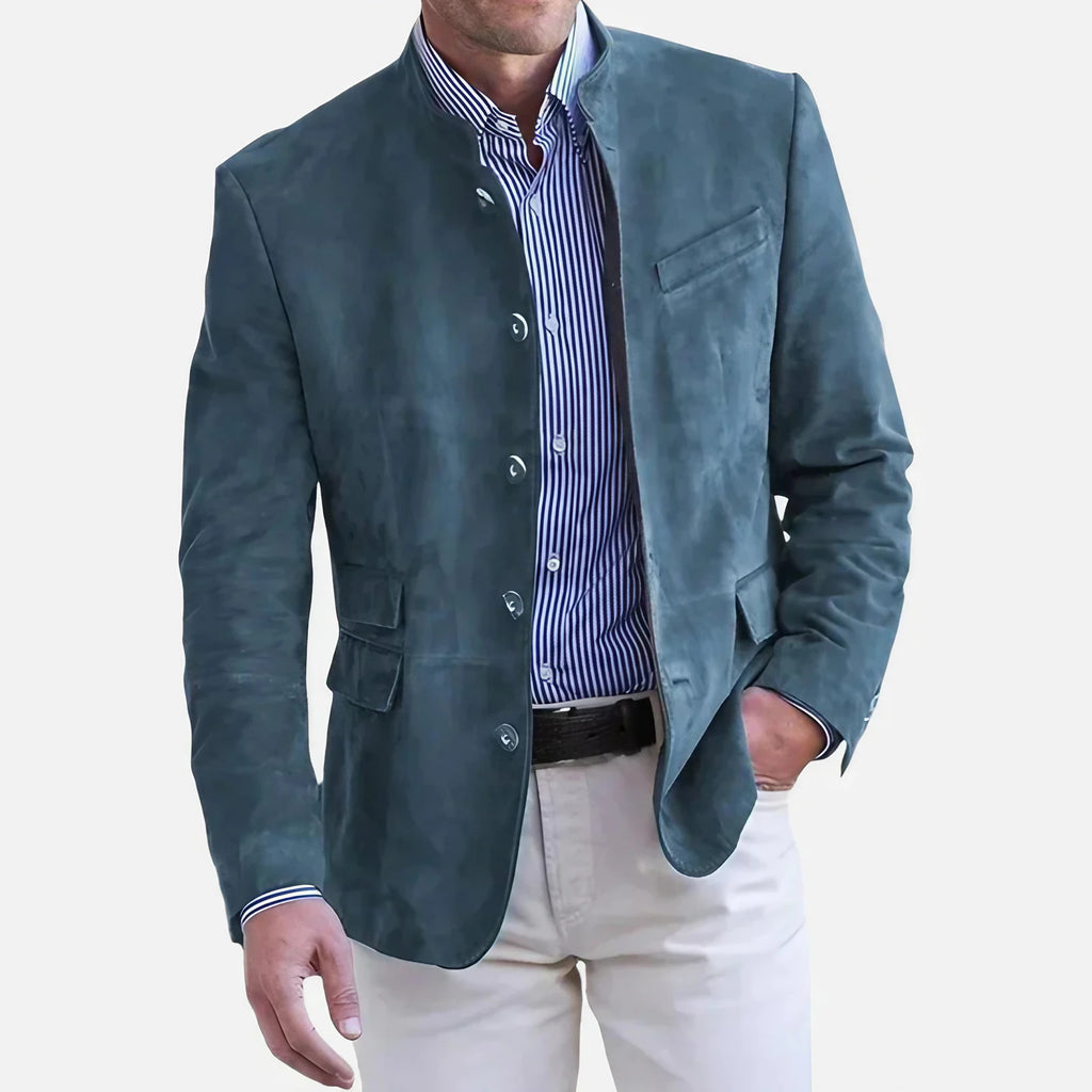 Veste homme à col officier, coupe ajustée, trois poches, bleu