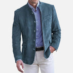 Veste homme à col officier, coupe ajustée, trois poches, bleu