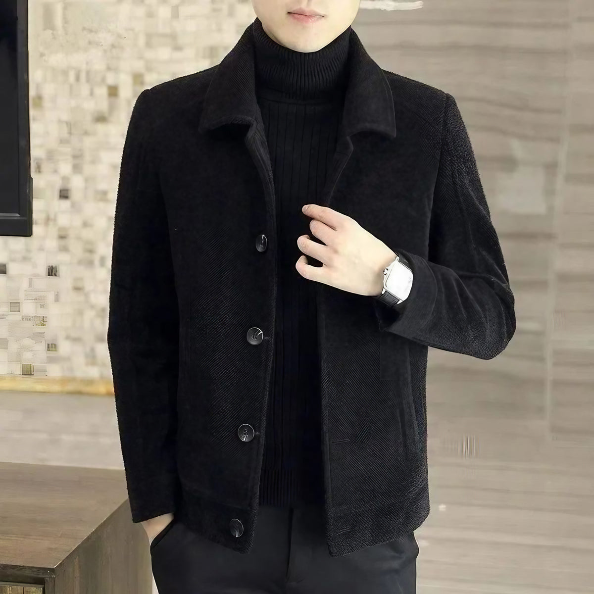 Veste d'hiver homme courte, coupe large boutonnée, taille élastique, noir