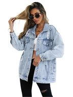Veste en jean oversize femme, denim doux, quatre coloris, bleu ciel
