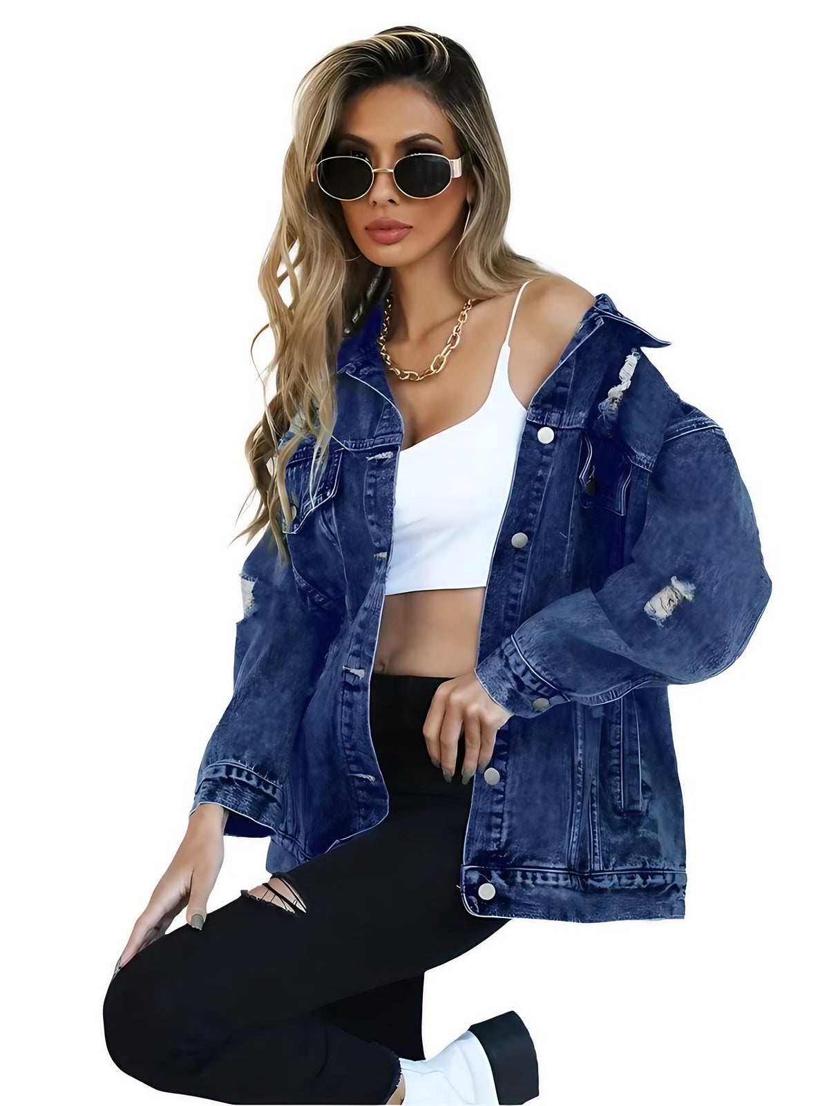 Veste en jean oversize femme, denim doux, quatre coloris, bleu foncé