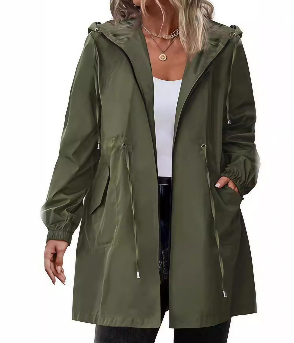 Veste longue à capuche femme, manches longues, vert armée, vert armée