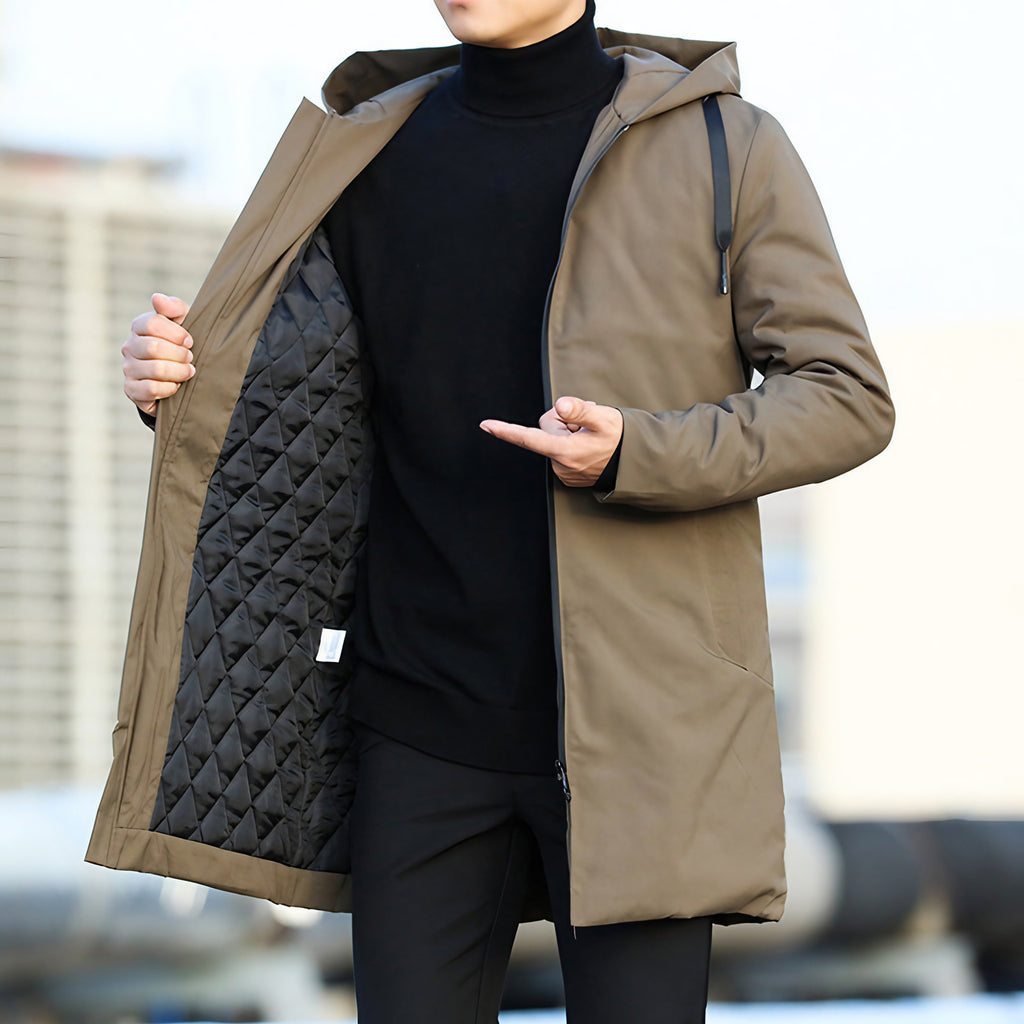Veste longue homme d'hiver imperméable à capuche ajustable, marron