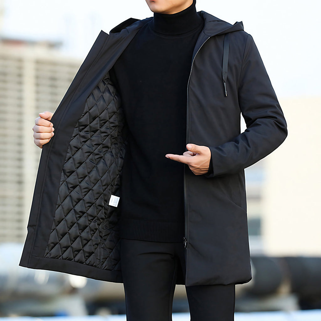 Veste longue homme d'hiver imperméable à capuche ajustable, noir