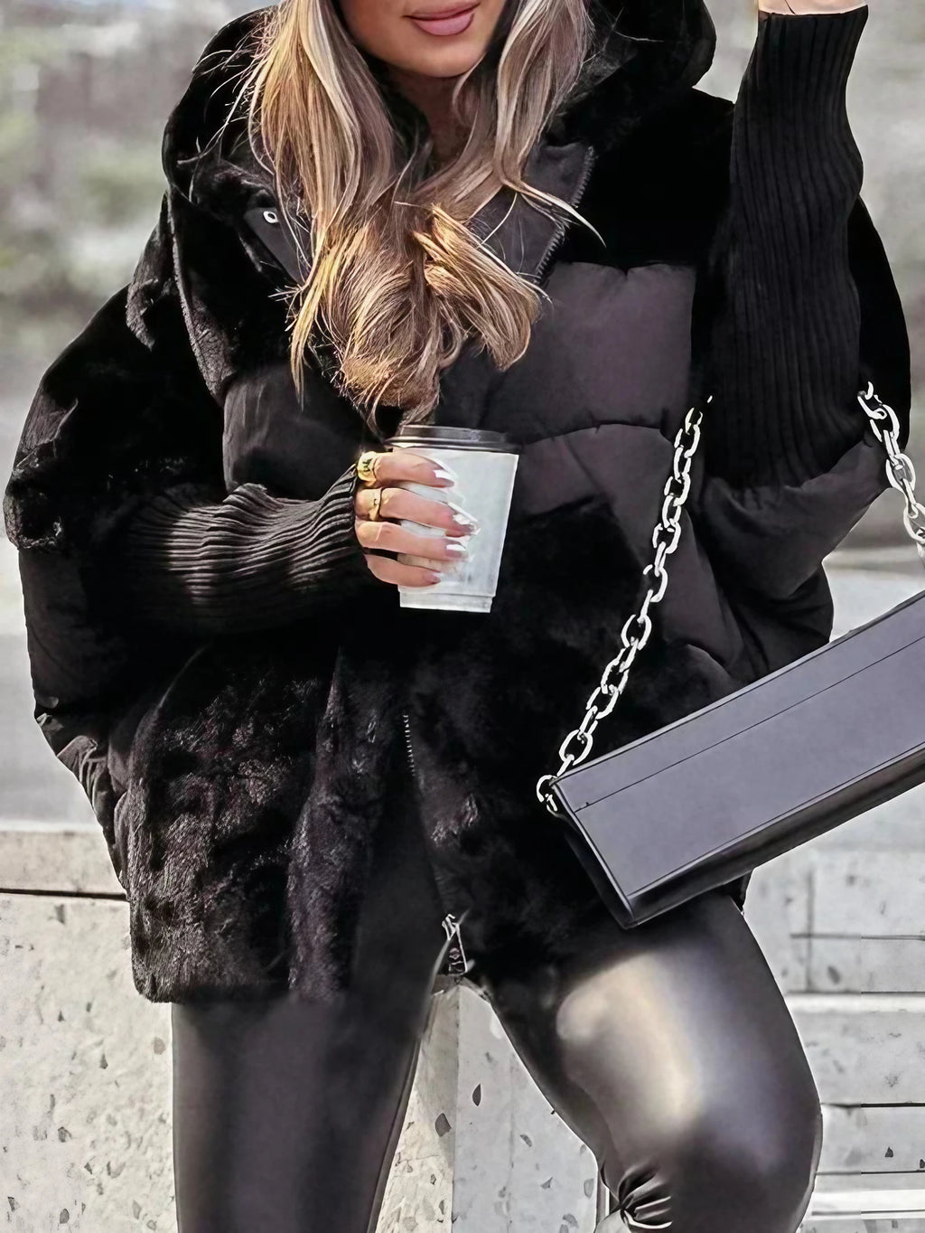Veste matelassée femme à capuche, automne et début d'hiver, noir