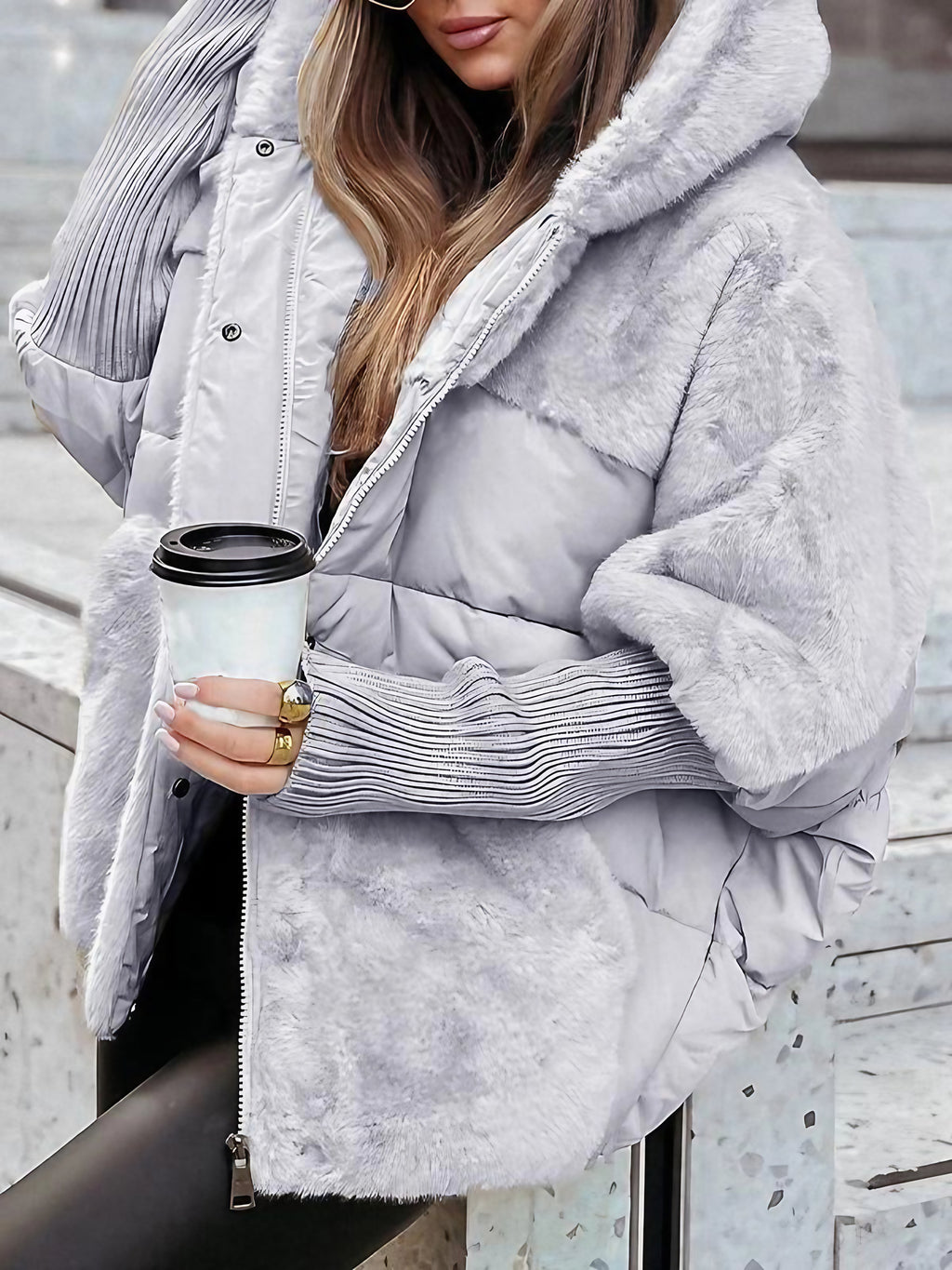 Veste matelassée femme à capuche, automne et début d'hiver, gris