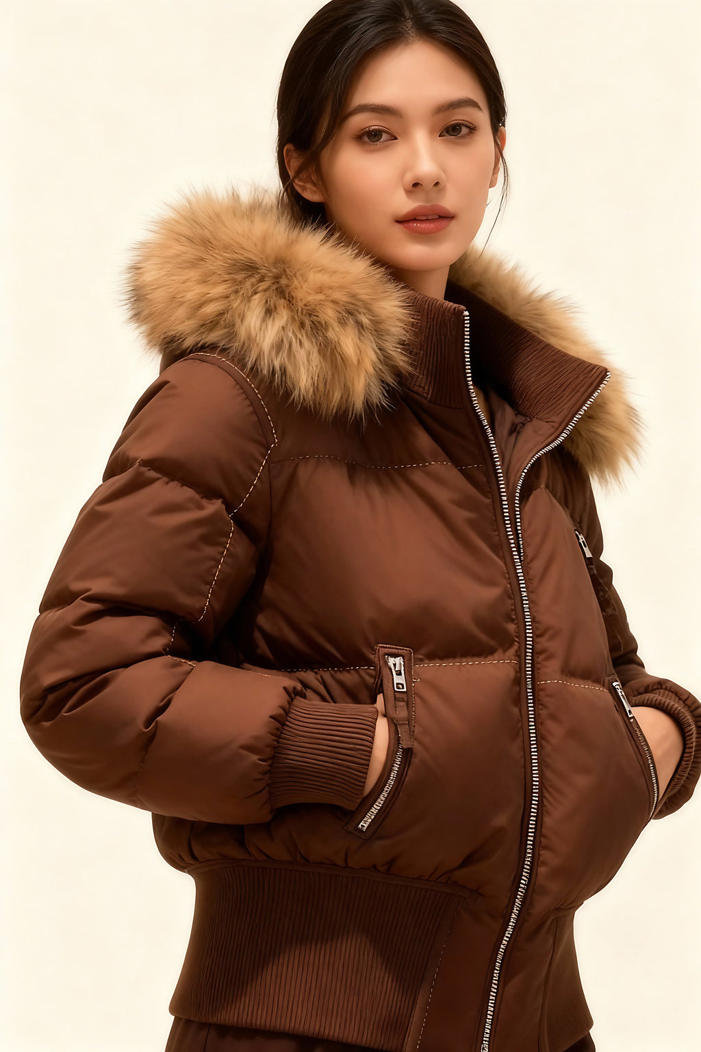 Veste matelassée femme à capuche, col fausse fourrure, S au XL, brun